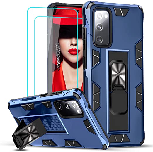 LeYi Compatible with Samsung S20 FE Case, Samsung Galaxy S20 FE Case with 2 Tempered Glass Screen Protector, Military-Grade Shockproof Built-in Kickstand Car Mount Phone Case for S20 FE 5G, Blue