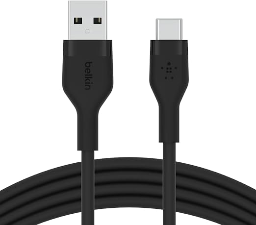 Belkin BoostCharge Flex silicone USB C charger cable, USB-IF certified USB type A to USB type C charging cable for iPhone 15, Samsung Galaxy S23, S22, iPad, MacBook, Note, Pixel and more - 1m, black