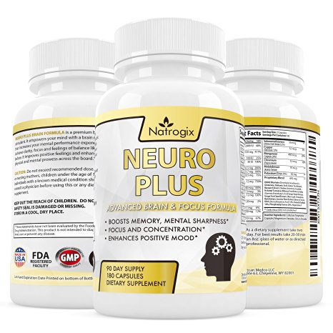 Natrogix Neuro Plus Brain Supplement - Advanced Proprietary Blend Promotes Mental Focus and Sharpness. Vitamins and Minerals Helps Enhance Memory & Mood, Made in USA (180 Capsules).
