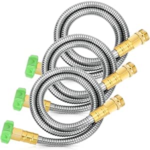 Zonon 3 Pieces Short Garden Hose 3 Feet Metal Short Water Hose Heavy Duty Stainless Steel Short Hose with Metal Fitting Non Kink Flexible Lightweight Hose for Outdoor Yard Small Garden