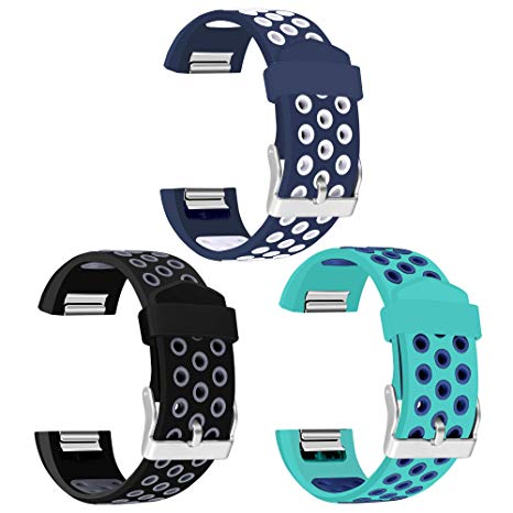 Mosstek for Fitbit Charge 2 Bands, 3 Pack Breathable Silicone Replacement Sport Bands with Air Holes for Fitbit Charge 2 Smartwatch Fitness