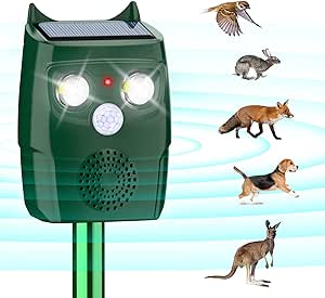 Ultrasonic Animal Repellent, Outdoor Solar Powered/IPX67 Waterproof PIR Sensor Repeller, Motion Activated with Flashing LED Light and Sound Effectively Scares Away Cats,Dogs,Foxes,Birds,Raccoon,Skunk