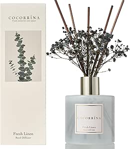 Cocorrína Raumduft Reed Diffuser mit 8 Duftstäbchen 200ml- Frische Leinen, Natürlich, Langanhaltend, Home Duft ätherisches Öl Reed Diffusor für Badezimmer Regal Dekoration