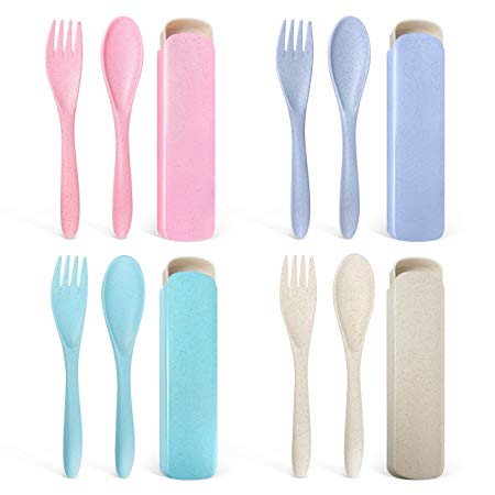 Teivio Travel Utensils Forks & Spoons Set of 8 for Camping Travel BPA Free Wheat Straw Plastic, Multi-Color with Storage Case