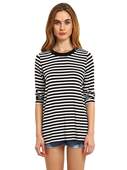 ROMWE Women's Long Sleeve T-shirt Round Neck Basic Striped Blouse