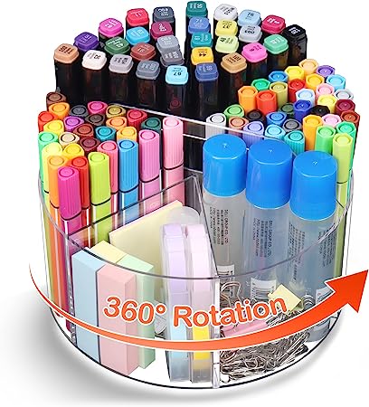 Mefirt Acrylic Pen Holder, 360 Degree Rotating Pen Organizer for Desk, Rotating Desk Organizer Acrylic Desk Organizer with 6 Compartments, Marker Organizer Pen Caddy for Office School Home Art Supply