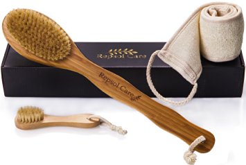 Bath Body Brush for Dry Skin Brushing with Natural Boar Bristles and a Long Handle - Shower Back Brush for Skin Exfoliating and Cellulite Reduction - Loofah Back Scrubber