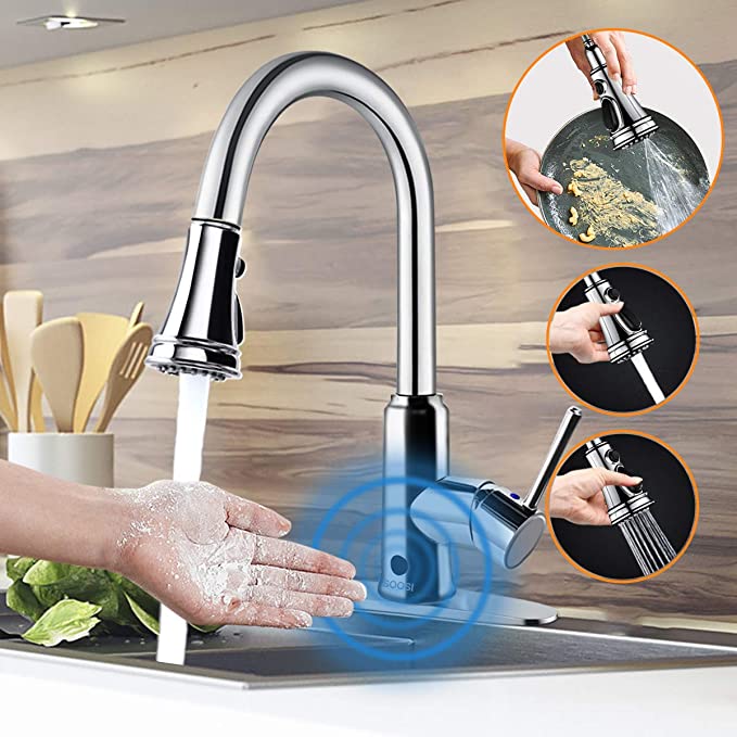 Motion Sensor Touchless Kitchen Faucet,Soosi Automatic Pull Down Kitchen Faucet Single Handle One/3 Hole 3 Setting Sprayer Polished Chrome Kitchen Faucets Spot Free Solid Brass Stainless Steel Lead Free