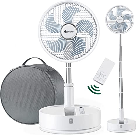 Marchpower Ventilatore Silenzioso Portatile Altezza Regolabile Pieghevole Ventilatore a Piantana con Telecomando e Timer, 5 Velocità Oscillazione 7200mAh Ventilatore Batteria con Borsa Ø10''/25CM