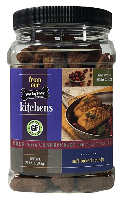 Three Dog Bakery Grain Free Duck with Cranberries Soft Baked Meaty Treats for Dogs (1 Pack), 26 oz