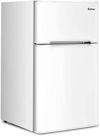 COSTWAY Compact Refrigerator, 3.2 cu ft. Unit 2-Door Freezer Cooler Fridge with Reversible Door, Removable Glass Shelves, Mechanical Control, Recessed Handle for Dorm, Office, Apartment (White)