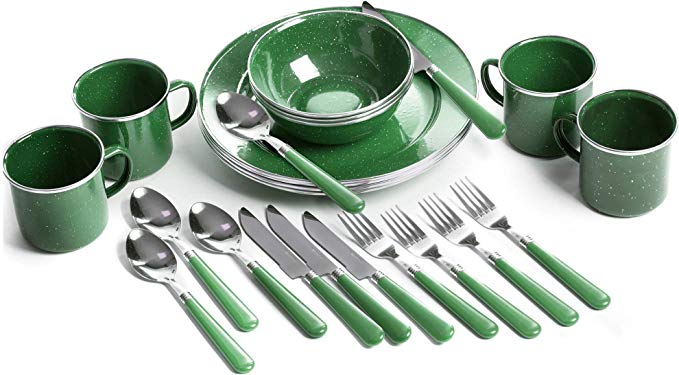 STANSPORT - Deluxe 24-Piece Enamel Tableware Set: Plates, Bowls, Mugs & Utensils