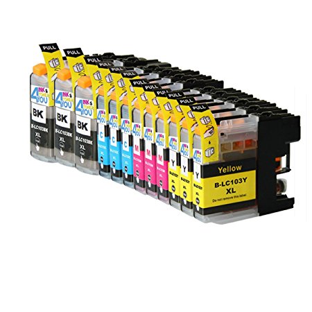 12 Pack - Compatible Ink Cartridges for Brother LC-103 LC-101 LC-103XL LC-103BK LC-103C LC-103M LC-103Y Inkjet Cartridge Compatible With Brother DCP-J152W MFC-J245 MFC-J285DW MFC-J4310DW MFC-J4410DW MFC-J450DW MFC-J4510DW MFC-J4610DW MFC-J470DW MFC-J4710DW MFC-J475DW MFC-J650DW MFC-J6520DW MFC-J6720DW MFC-J6920DW MFC-J870DW MFC-J875DW (3 Black, 3 Cyan, 3 Magenta, 3 Yellow) Ink & Toner 4 You