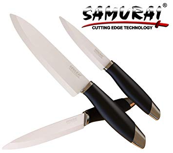 SAMURAI Epicure, Pros 3 pcs Ceramic knives set, White Blades, Supersoft balanced handle, Rounded tip. Millions sold!
