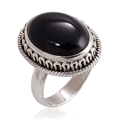 925 Oxidized Sterling Silver Natural Black Onyx Gemstone Oval Rope Edge Vintage Band Ring 6, 7, 8