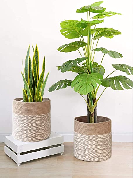 Goodpick 2Pcs Rope Plant Basket 12 inches Woven Basket for Plants Natural Plant Basket Indoor Floor, Fit for 11 Inches Pot Tree Basket Jute and White Stitches