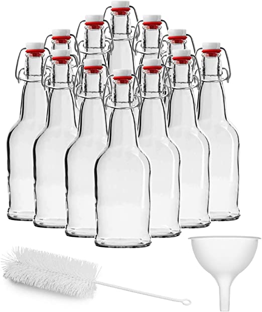 Chef’s Star 16 Oz Empty Beer Bottles, Swing Top Glass Bottles, Flip Top Glass Bottle with Caps, Fermentation Home Brewing Kombucha Beer and Coquito, with Brush and Funnel, Clear, Set of 12