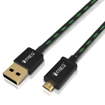 FRiEQ® Hi-Speed Extra Long (6 Ft/1.8m) Nylon Braided Tangle-Free USB 2.0 Micro USB Charging/Sync Cable For Samsung Galaxy S4, S3, Note 2, HTC, Motorola, LG, PS4, Xbox One (Black/Green)