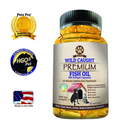 Omega 3 Wild Caught Fish Oil for Dogs EPA DHA, Higher in Omega 3 Fatty acids then Salmon oil, Pure No GMO, All Natural Food Supplement For Pet, 180 Softgels, 1000mg per capsule, No Mess No Smell!