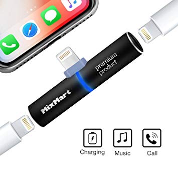 iPhone Dual Lightning Adapter Splitter, Mixmart 2-in-1 Lightning Charge & Lightning Headphones Jack Adapter for iPhone X, iPhone 8/8 Plus, 7/7 Plus and More, Support IOS 10.3/11 and above (Dual)