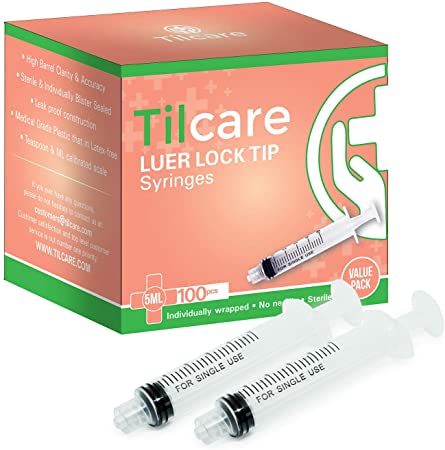 5ml Syringe Without Needle Luer Lock 100 Pack by Tilcare - Sterile Plastic Medicine Droppers for Children, Pets or Adults – Latex-Free Oral Medication Dispenser - Syringes for Glue and Epoxy