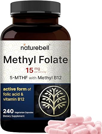 NatureBell L Methylfolate 15mg (5-MTHF) with Methyl B12 1,000mcg, 240 Vegetarian Capsules | High Potency Dual Action for Energy & Cognitive Support, Active Folic Acid – Methyl Folate Supplement