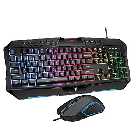 Rainbow Backlit Wired Gaming Keyboard Mouse Combo, LED 104 Keys USB Ergonomic Wrist Rest Keyboard, 2400DPI 6 Button Mouse for Windows PC Gamer Desktop, Computer (Black)