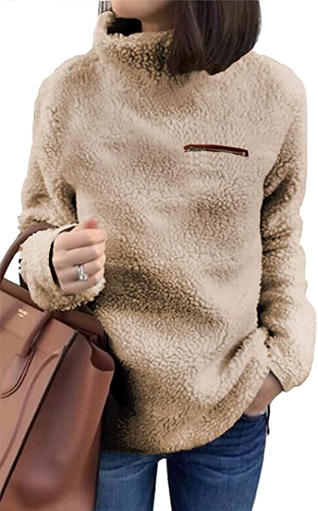 KISSMODA Women’s Pullover Fleeced Sweatshirt Fuzzy Zipper Casual Hoodie with Pockets