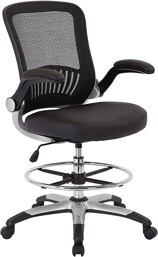 Office Star Breathable Mesh Back and Padded Faux Leather Seat Drafting Chair with Flip Arms and Silver Accents, Black