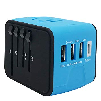 VIGICA Universal World Travel Adapter International Plug (UK/EU/AU/US) 4 USB Type C Charging Adaptor AC Socket Safety Fused(Blue)