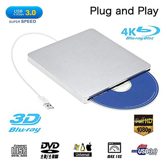 External Blu ray DVD Drive,Ploveyy USB 3.0 Ultra Slim 3D 4K External Blu Ray Player Writer Portable BD/CD/DVD Burner Drive Polished Metal Chrome for Mac OS, Windows 7/8/10,Linxus, Laptop (.Silver)