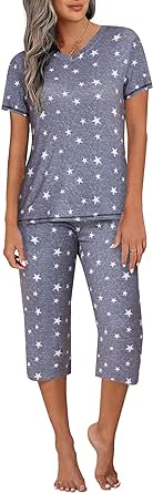 Ekouaer Women's Sleepwear Capri Pajama Sets Short Sleeve Two-Piece Pjs V Neck Lounge Sets Tops & Capri Pants with Pockets