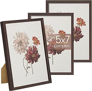 upsimples 5x7 Picture Frame Set of 3, Made of High Definition Glass for 5 x 7 Brown Frames, Wall and Tabletop Display Thin Border Photo Frame for Home Décor