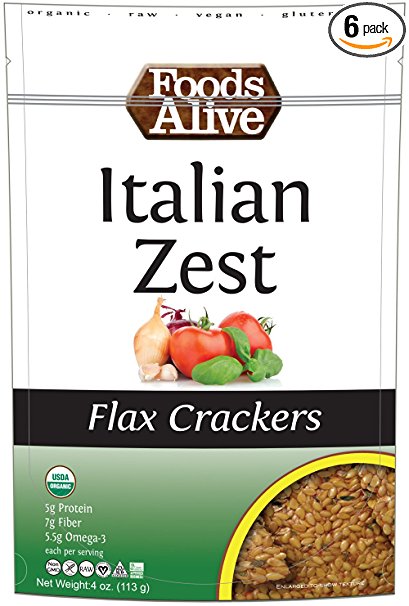 Foods Alive Golden Flax Crackers, Italian Zest, 4-Ounce Pouches (Pack of 6)