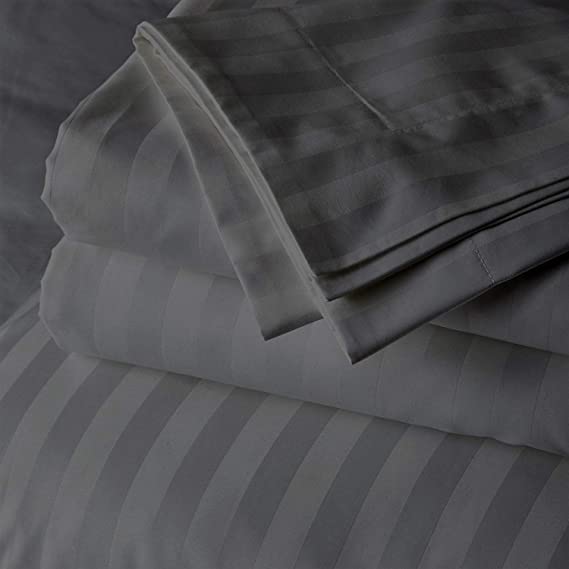 Way Fair Sheet Set Twin Extra Long Size Dark Grey Stripe 100% Cotton 600 Thread-Count (15" Deep Pocket Drop) by