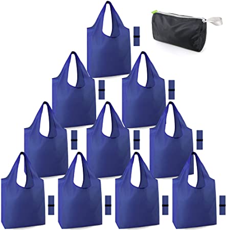 Folding Reusable Grocery Bags Heavy Duty Shopping Bags Washable Foldable 10 pack Xlarge 50LBS Gift Tote Grocery Bags with Elastic Band Lightweight Durable Navy Blue