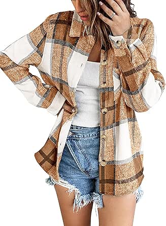 Zeagoo Women Flannel Shacket Jacket Plaid Button Down Long Sleeve Shirt Fall Outfits 2024