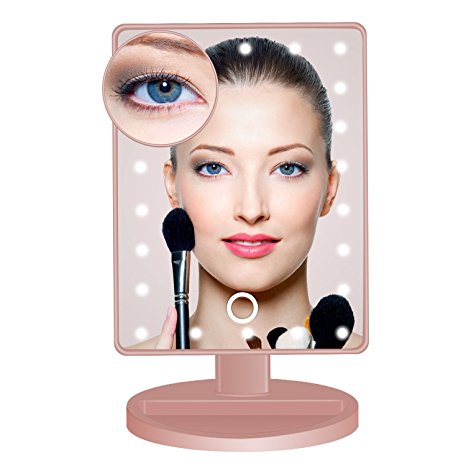 Lighted Makeup Mirror, BEW Vanity Mirror with 22 LED lights & Touch Screen Dimmable and Detachable 10x Magnifying Spot Mirror Dual Power Supply Countertop Cosmetic Mirror (Rose Gold)