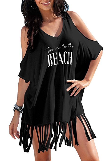 Oryer Womens Letters Print Baggy Swimwear Bikini Cover up Beach Dress T-Shirt