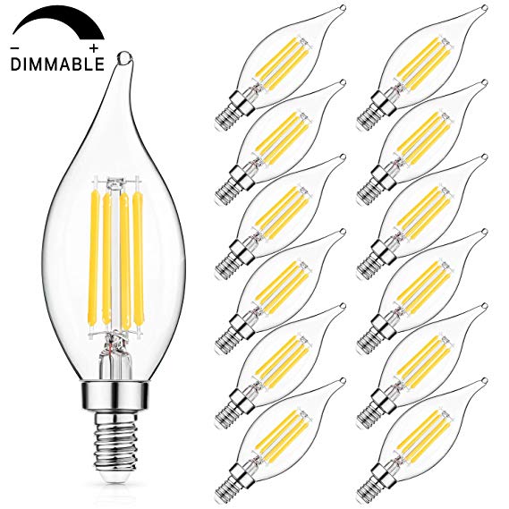 E12 LED Candelabra Bulbs 60W Equivalent Dimmable, LED Chandelier Light Bulbs 6W, 4000K Daylight White 600LM CA11 Flame Tip Vintage LED Filament Candle Bulb with Decorative Candelabra Base, 12-Pack