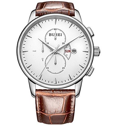 BUREI Mens BM-7003-01A Day Date Chronograph Quartz Movement Dress Watch with Brown Leather Band