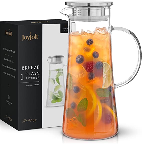 JoyJolt Breeze Glass Pitcher with Lid (Pour / Filter). 50oz Glass Water Pitcher, Iced Tea Jug, Sun Tea Pitcher, Lemonade Pitcher, Juice Pitcher, Mixed Drink Pitcher, 0.4 Gallon Carafe with Handle