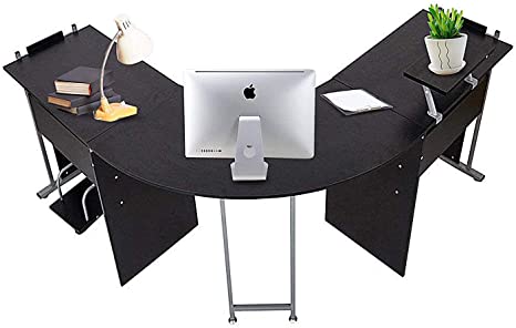 Dporticus 72” L-Shaped Office Desk Corner Computer Desk Laptop Study Table Workstation with CPU Stand PC Keyboard Tray and Raised Printer Shelf, Home Office, Black (Black)