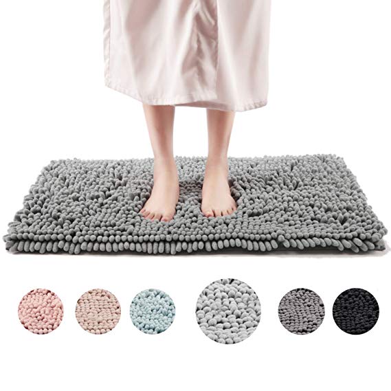 Freshmint Chenille Bath Rugs Extra Soft and Absorbent Microfiber Shag Rug, Non-Slip Runner Carpet for Tub Bathroom Shower Mat, Machine-Washable Durable Thick Area Rugs (20" x 32", LtGray)
