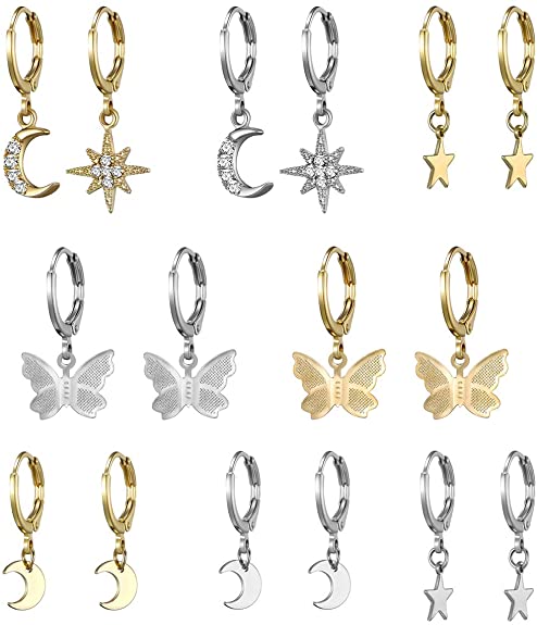 AIDSOTOU Small Butterfly Star Hoop Earrings Set for Women Girls Mini Huggie Hoop Earrings with Dangle Charms