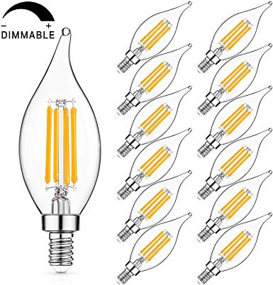 Dimmable E12 LED Candelabra Bulbs 60W Equivalent, LED Chandelier Light Bulbs 6W, 2700K Soft White 600LM CA11 Flame Tip Vintage LED Filament Candle Bulb with Decorative Candelabra Base, Pack of 12
