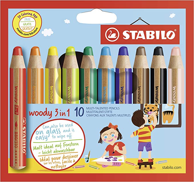 STABILO 880/10 Woody 3-in-1 Multi-Talented Pencil - Assorted Colours, Wallet of 10