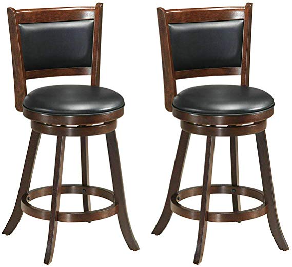 COSTWAY Set of 2 Dining Chair Accent Wooden Swivel Back Bar Height Stool, Fabric Upholstered 360 Degree Swivel, PVC Cushioned Seat, Perfect for Dining and Living Room (Height 24")