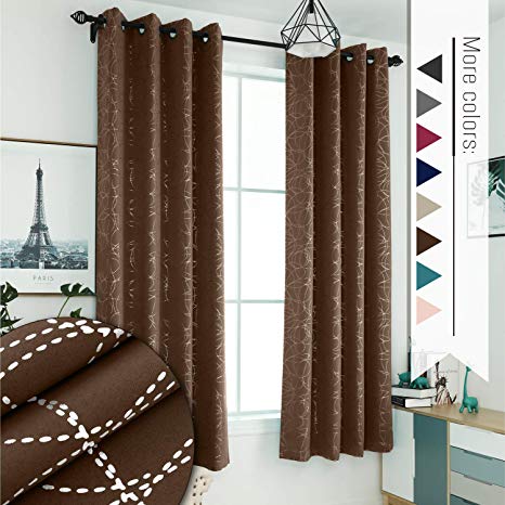 Sophia & William 52" W x 84" L Blackout Curtains with Grommets Thermal Insulated, Hot Stamping (Silver) Stitched Swirl Pattern - 2 Panels, Cocoa Brown