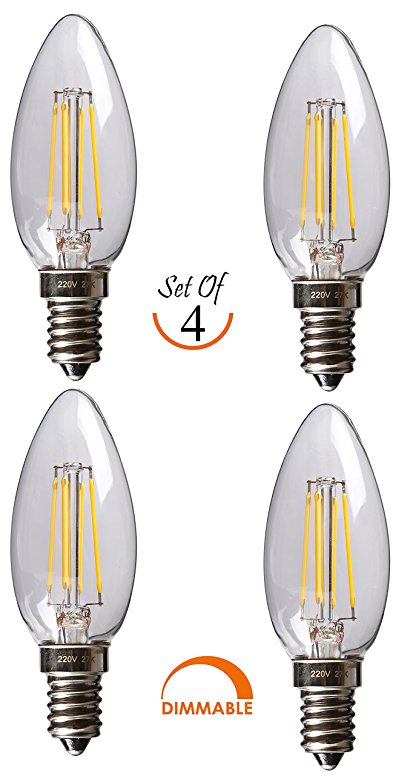 SleekLighting 3.5 Watt E12 LED Filament Candelabra Light Bulb, Dimmable (35W Incandescent Replacement) Warm White 2700K Chandelier Torpedo Tip, Decorative Clear Glass Cover 4Pack